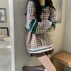 Contrast Trim Houndstooth Sweater