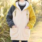 Faux-shearling Color Block Hooded Coat