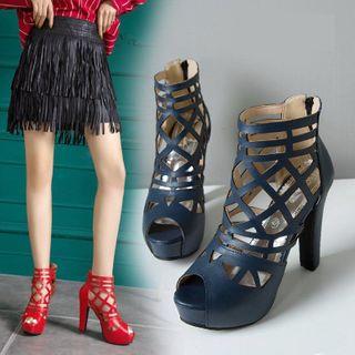 Laser Cut Peep Toe High Heel Ankle Boots