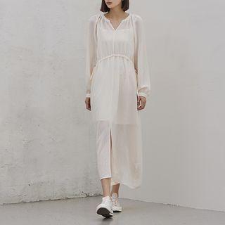 Open-placket Tie-side Long Dress With Slipdress Ivory - One Size
