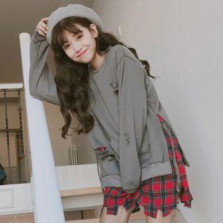 Distressed Mock Two-piece Long-sleeve Dress