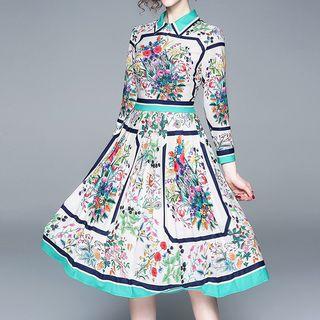 Long-sleeve Collared Flower Print Midi A-line Dress