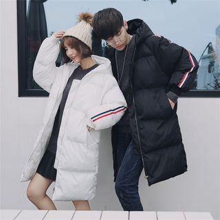 Couple Matching Color Block Padded Zip-up Long Coat