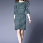 Stripe Elbow-sleeve Knit Dress
