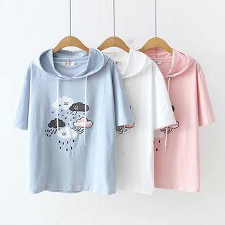 Elbow-sleeve Cartoon Embroidered Hoodie