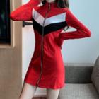 Stand-collar Color-block Long-sleeve Dress