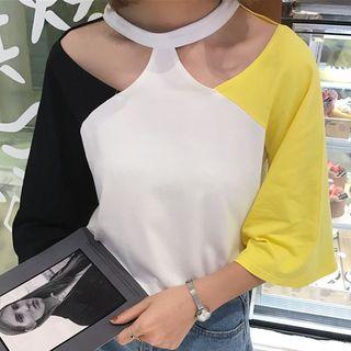 Cutout Color Block Elbow-sleeve T-shirt