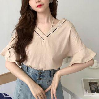 Bell-sleeve V-neck Plain Top