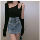 Plain Sleeveless Top / Plain Knit Cardigan / High Waist Denim Skirt