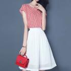 Set: Striped Short Sleeve Top + Perforated Flared Skirt