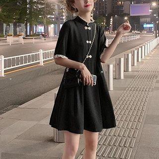 Elbow-sleeve Frog-button Mini Dress