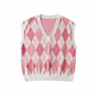 V-neck Argyle Sweater Vest Pink & White - One Size