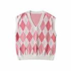 V-neck Argyle Sweater Vest Pink & White - One Size