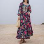 Long-sleeve Floral Print Maxi Dress / Shawl