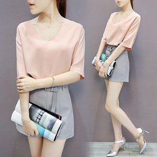 Set: V-neck Chiffon Blouse + Wide Leg Shorts