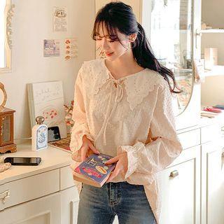 Lace-collar Tie-neck Dotted Blouse