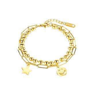 Fashion Personality Plated Gold Star Smiley Expression 316l Stainless Steel Round Bead Double-layer Bracelet Golden - One Size
