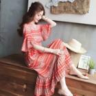 3/4-sleeve Patterned Knot-back Midi Chiffon Dress