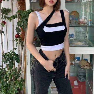 Two-tone Panel Asymmetrical Crop Tank Top