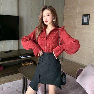 Set: Lantern-sleeve Blouse + Irregular Hem Mini A-line Skirt