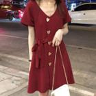 Short-sleeve Heart Shaped Button Chiffon Dress