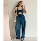 Denim Cropped Vest / High-waist Loose-fit Jeans
