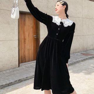 Color-block Lace-trim Velvet Long-sleeve Dress