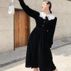 Color-block Lace-trim Velvet Long-sleeve Dress