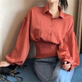 Balloon-sleeve Smocked-hem Blouse Brick - One Size