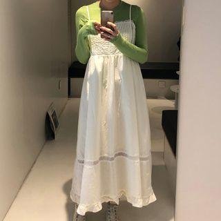 Plain Long-sleeve T-shirt / Ruffle Hem Midi Spaghetti Strap Dress