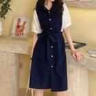Short-sleeve Color Block A-line Midi Shirtdress