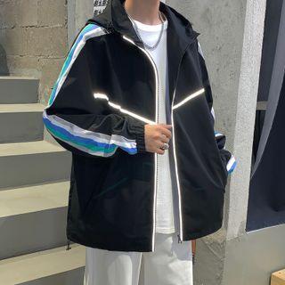 Long-sleeve Striped Reflective Zipped Hooded Jacket