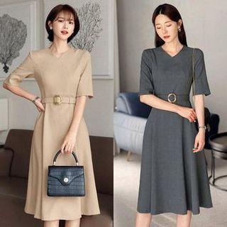 Slit-cuff Midi Flare Dress With Belt