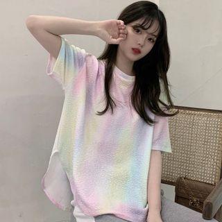 Elbow-sleeve Gradient T-shirt Pink & Light Purple Gradient - White - One Size