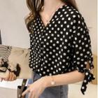 Elbow-sleeve Dotted V-neck Chiffon Blouse