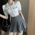 Color-block Cropped Blouse / Pleated Skirt