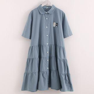 Short-sleeve Tiered Cat Embroidered A-line Shirtdress