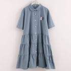 Short-sleeve Tiered Cat Embroidered A-line Shirtdress