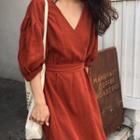 Lantern Sleeve V-neck Midi Dress