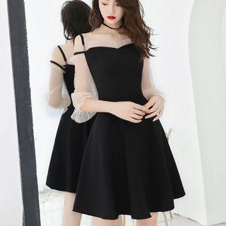 Mesh Panel Cocktail Dress / Spaghetti Strap Asymmetrical A-line Dress