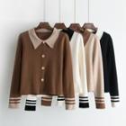 Long-sleeve Striped Trim Buttoned Knit Top