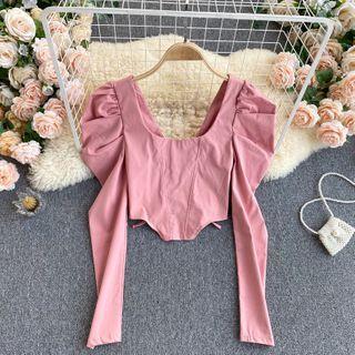 Long-sleeve Lace-up Strap Round-neck Open-back Top