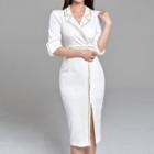 Elbow-sleeve Open-collar Embellished Slit Midi Sheath Dress