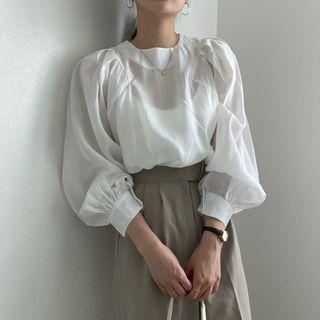 Round-neck Ruched Puff Long-sleeve Top