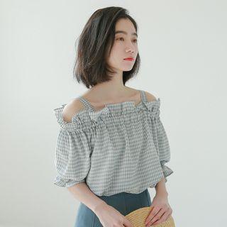 Gingham Cold-shoulder Blouse As Shown In Figure - One Size