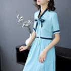Short-sleeve Ribbon-neck A-line Midi Dress