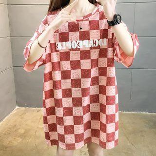 Elbow-sleeve Plaid Oversized T-shirt