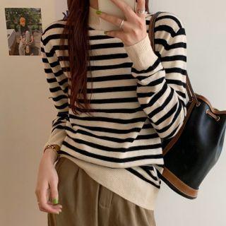 Semi High-neck Striped Long-sleeve Top Stripe - Black & White - One Size