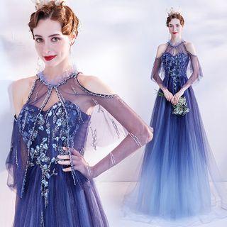 Cold-shoulder Floral Embroidered A-line Evening Gown