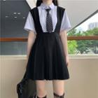 Suspender Pleated Skirt / Short-sleeve Neck Tie Shirt